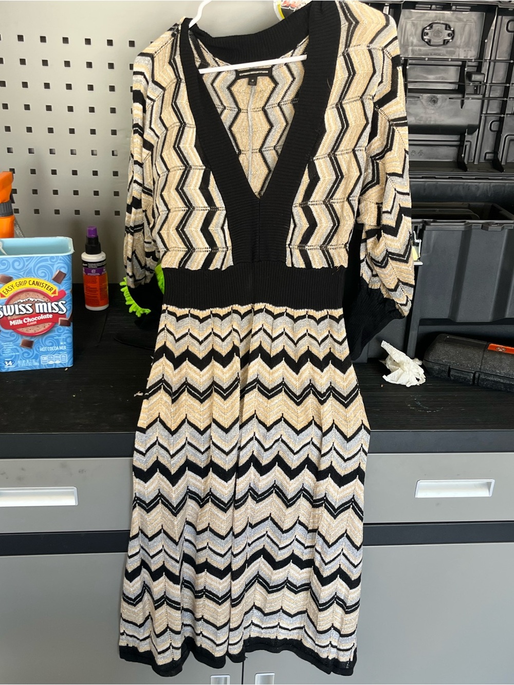 Express Black and Cream Chevron Midi Dress